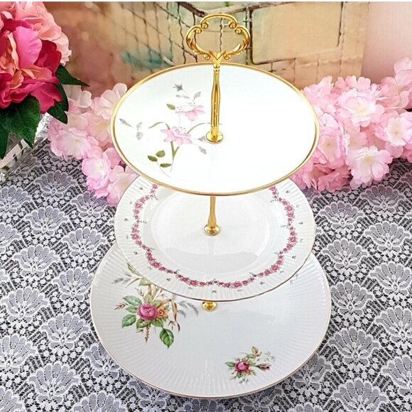 Handmade Pink Floral 3 Tier Cake Stand, Afternoon Tea Dessert Sandwich Tray Gift - Picture 1 of 10